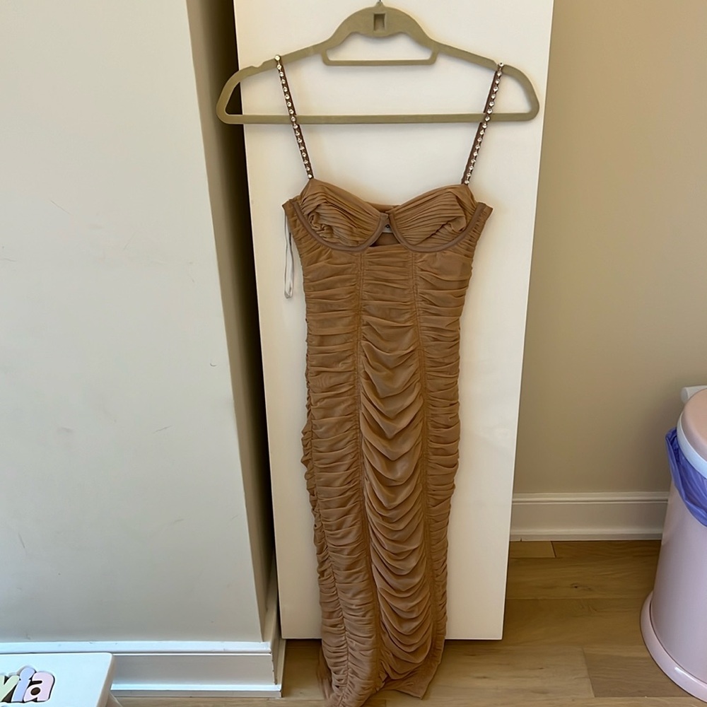 Self Portrait rhinestone strap tan tight dress